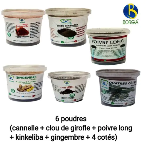 6 Poudres (cannelle + Clou De Girofle + Poivre Long + Gingembre + Kinkeliba + 4 Côtés)