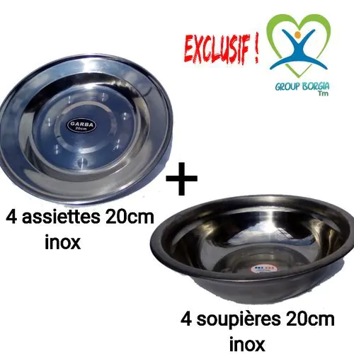 4 Assiettes + 4 Soupières En Inox 20cm